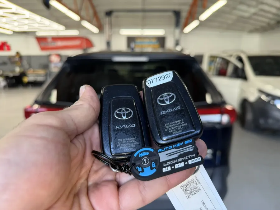 Two Toyota RAV4 smart keys inside the Rosecrans workshop