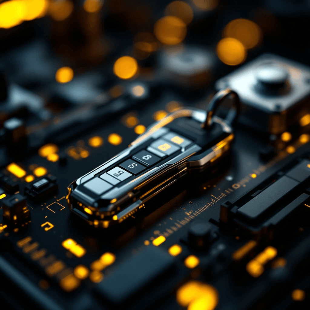 Disassembled car lock components on dark table with vehicle door in background