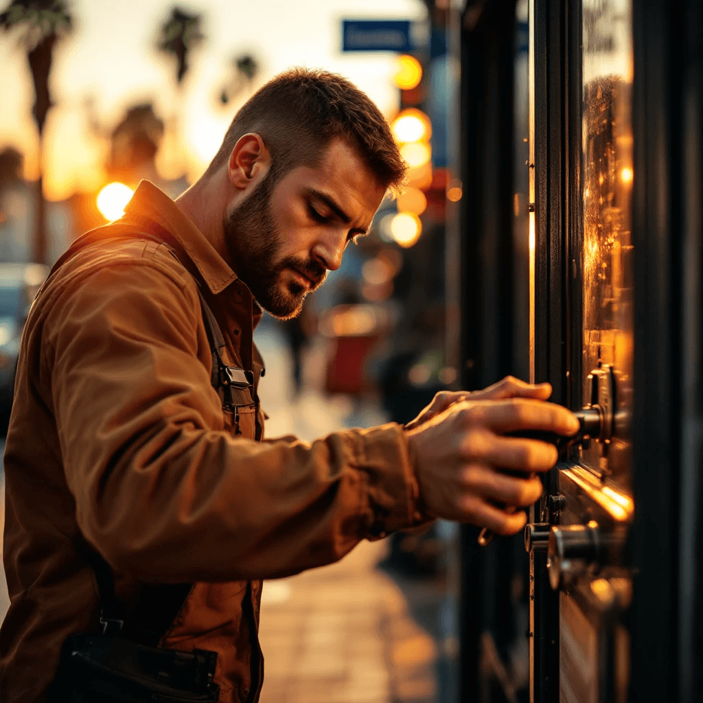 Night-time emergency automotive locksmith with car illuminated by headlights