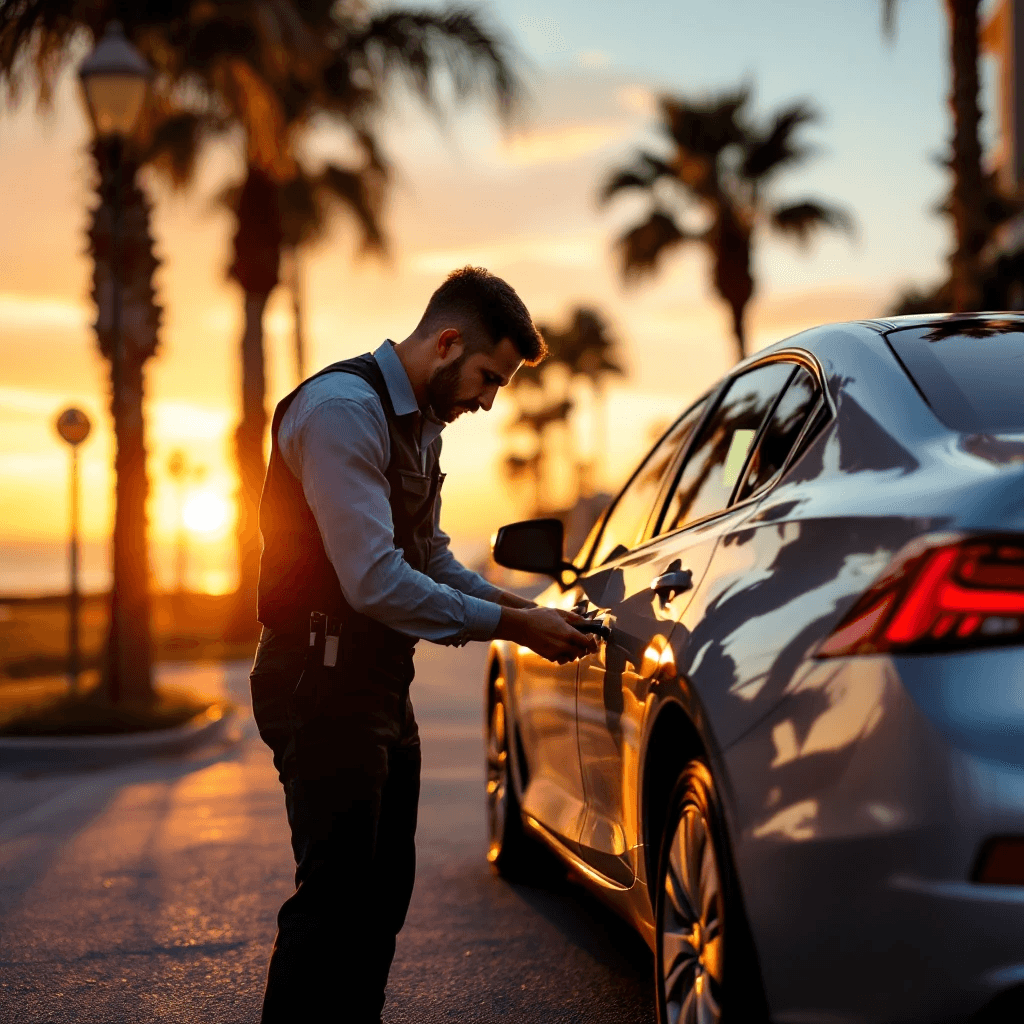 Locksmith unlocking modern car door using professional tools