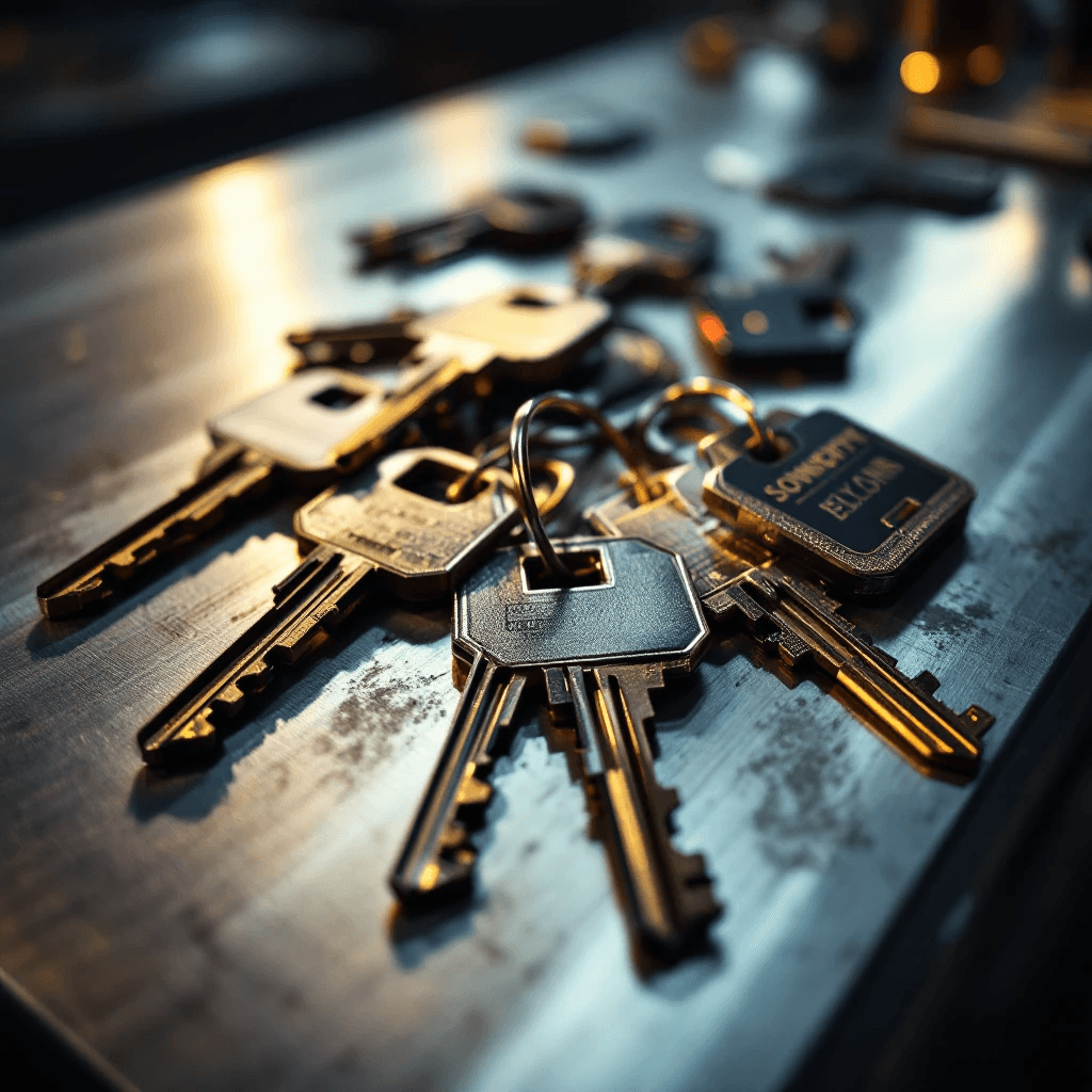 Multiple replacement car keys and key fobs on dark surface