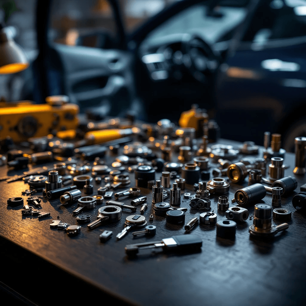 Technician programming modern push-to-start key fob inside car